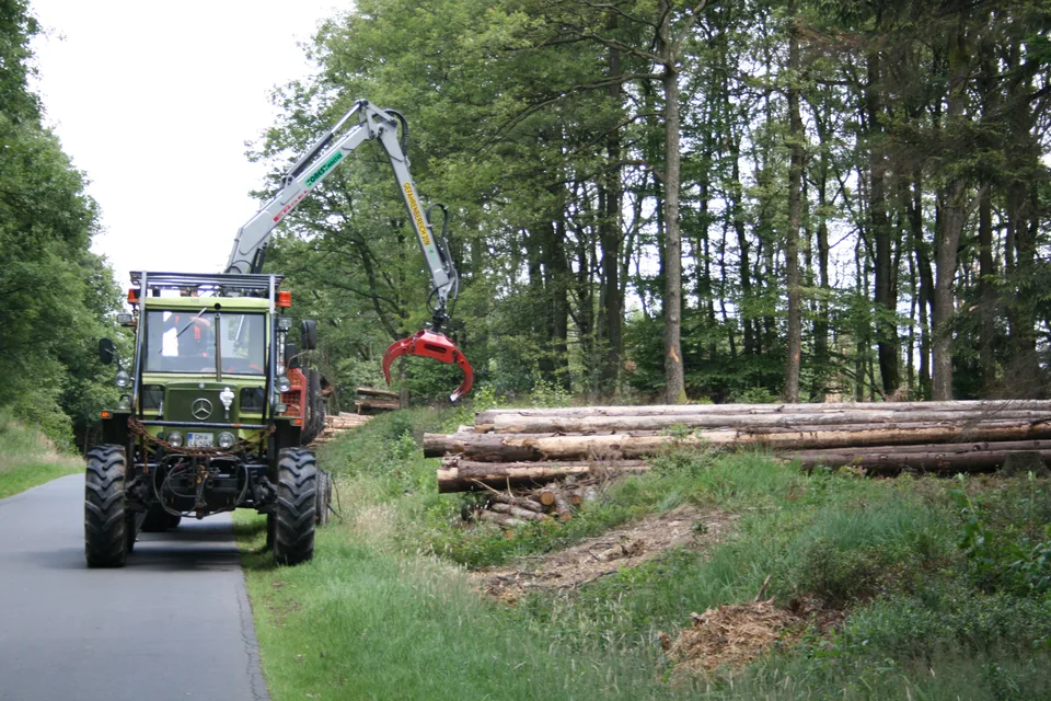 MB-trac mit Rückewagen und Forstkran beim Verladen von Rundholz.